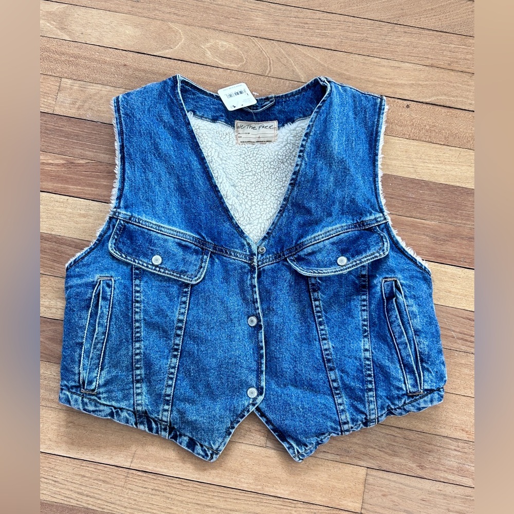Free People Florence Ranch Denim Sherpa lined Vest Jean Jacket NWT Lg F13